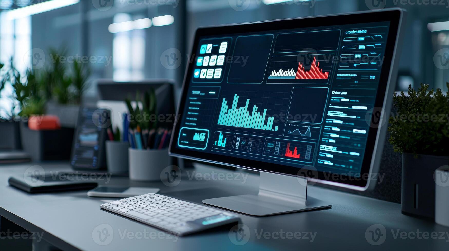 hybrid workplace digital productivity concept Modern workspace with a computer displaying data analytics and graphs. photo
