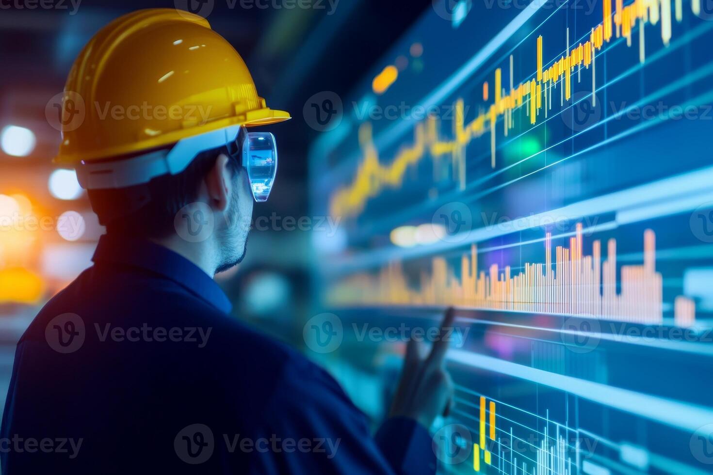 Project management execution concept. Professional in hard hat analyzing data on a digital screen with graphs and statistics. photo
