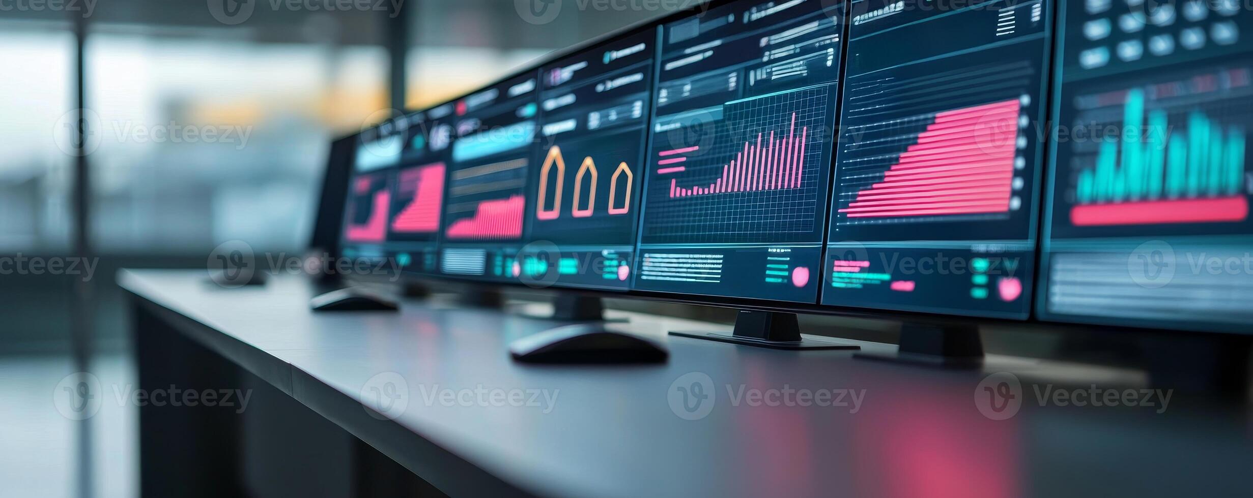 Project management coordination concept. High-tech monitors displaying data analytics and financial graphs in a modern workspace. photo