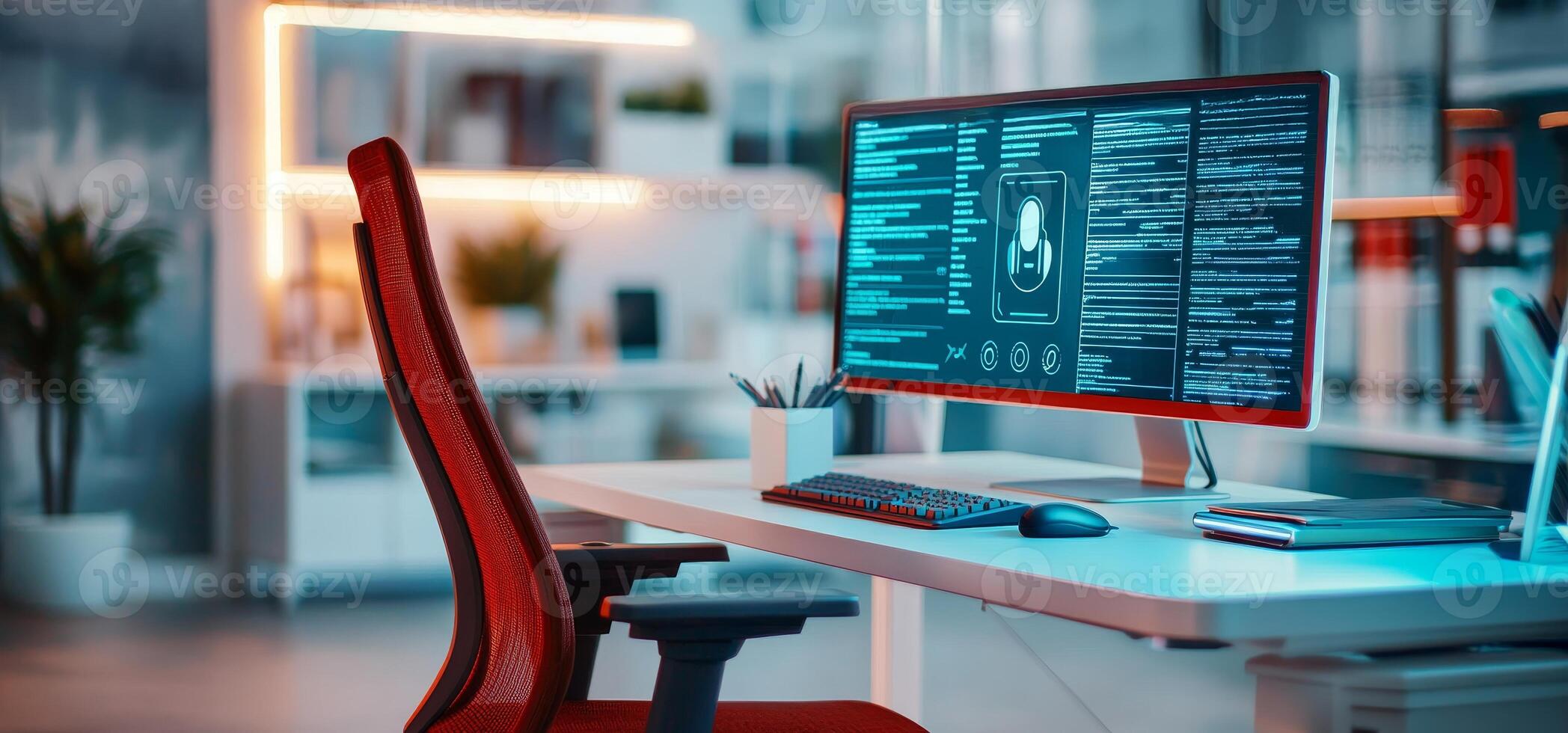 hybrid workplace digital productivity concept Modern workspace featuring a computer monitor with coding and a stylish office chair. photo
