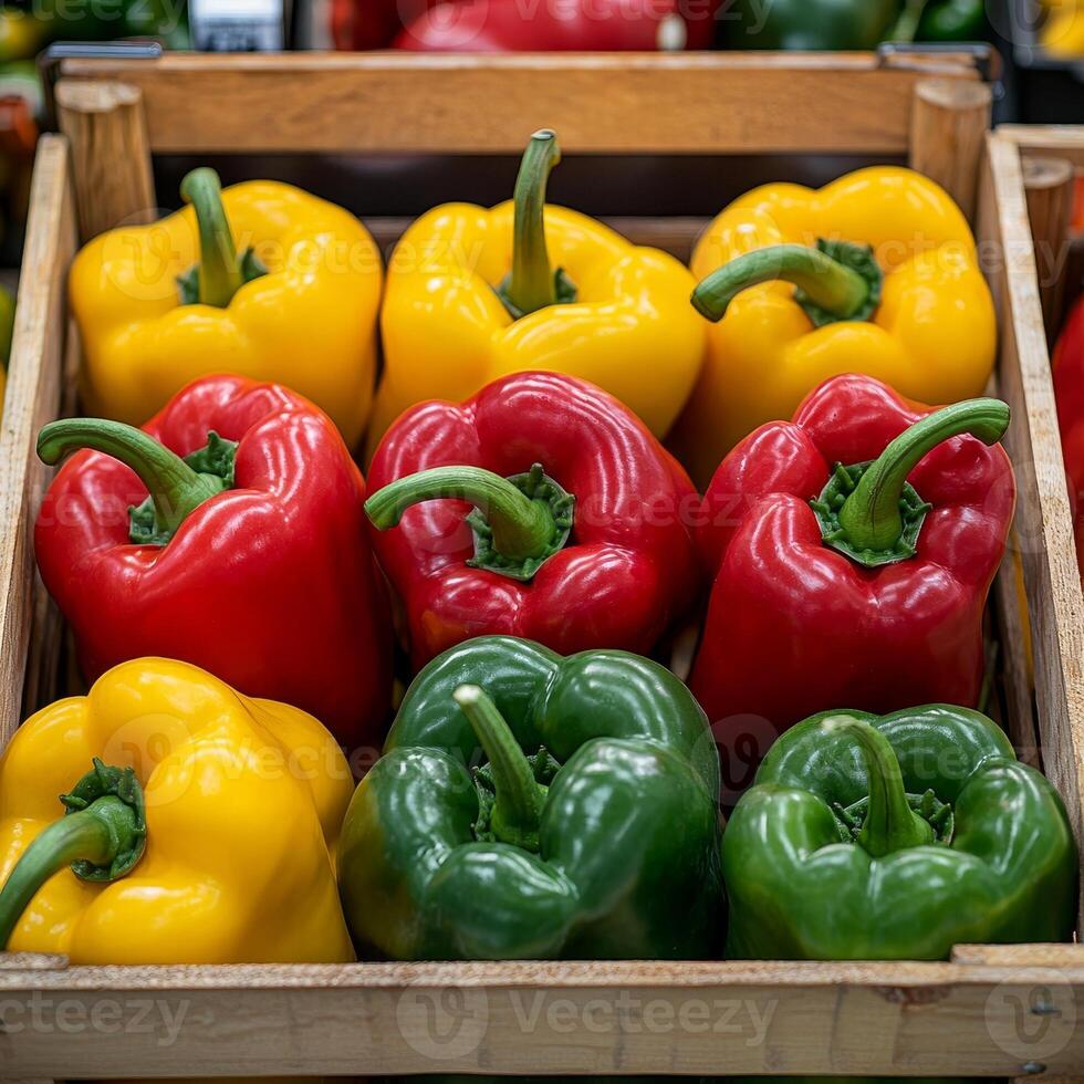 Bell peppers in grocery market display. Colorful bell peppers arranged in a wooden crate at a market. photo