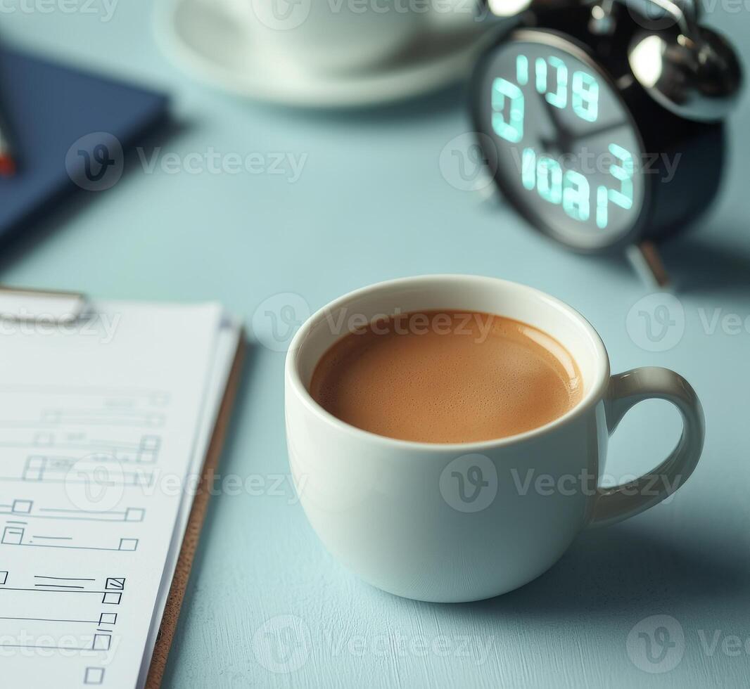 Management efficiency and goal-setting concept. A cozy coffee scene with a cup, clock, and clipboard on a stylish desk. photo
