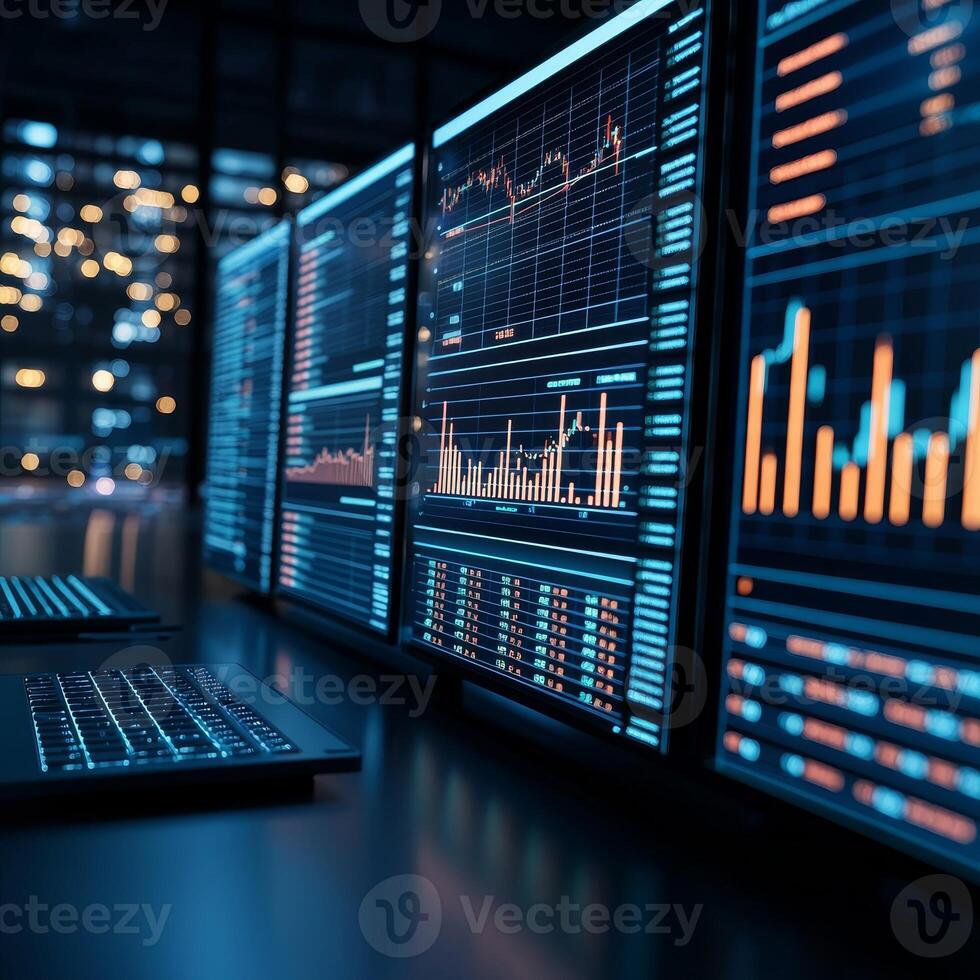 Startups technology competition concept. High-tech computer screens displaying data analytics and financial graphs in a modern office setting. photo