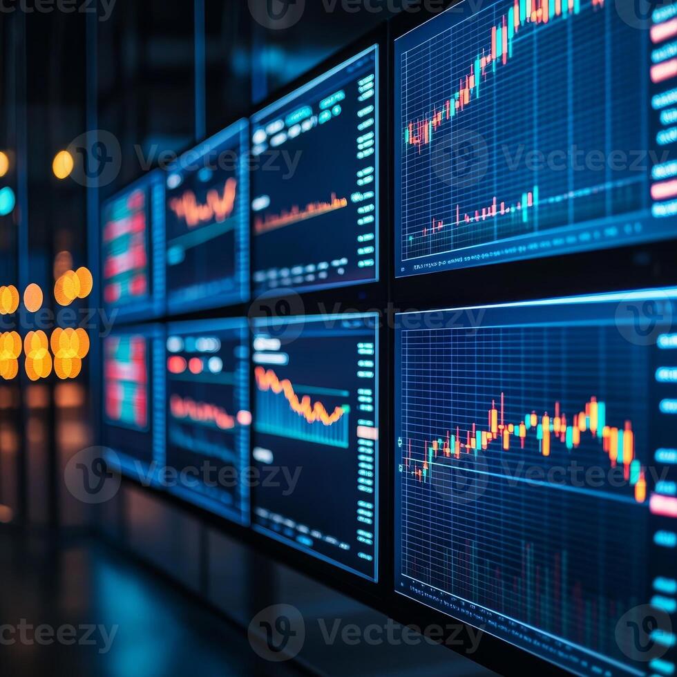Startups technology competition concept. Digital screens displaying financial market data and stock trends in a modern environment. photo
