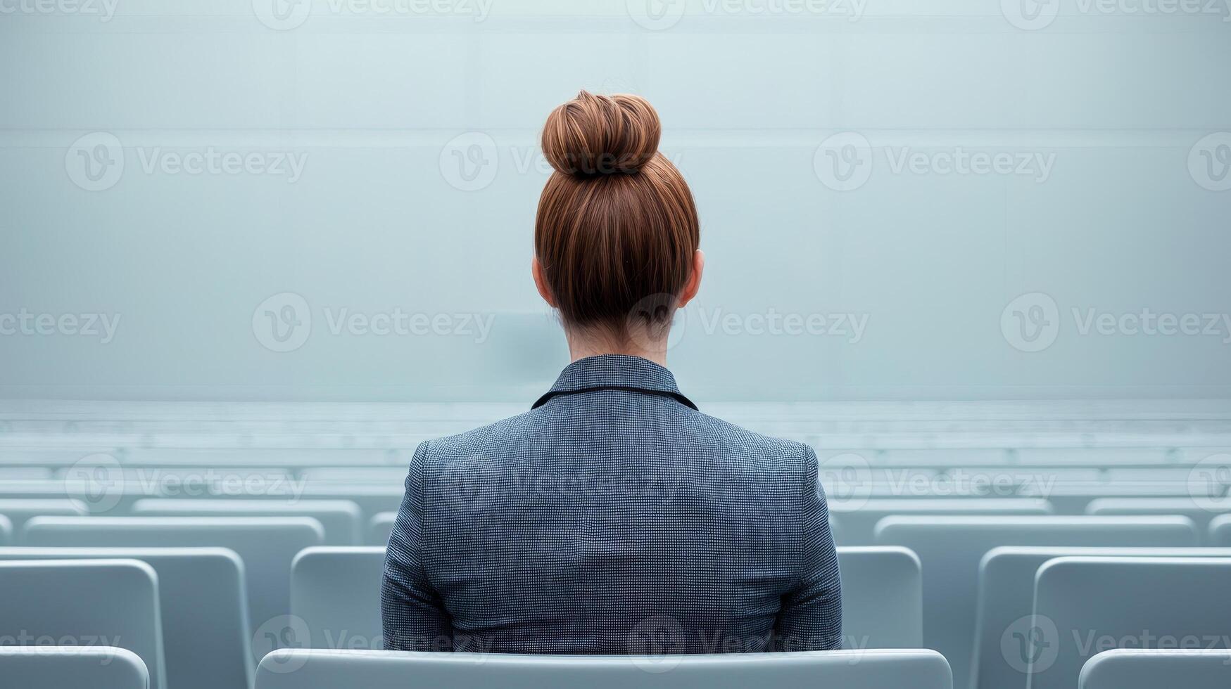 Female professional attending seminar. Professional woman seated, facing empty auditorium, showcasing solitude and contemplation. photo