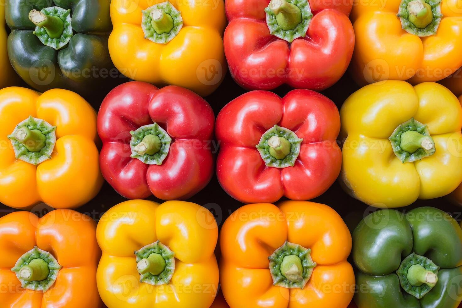 Bell peppers in grocery market display. Vibrant arrangement of colorful bell peppers in a grid pattern. photo