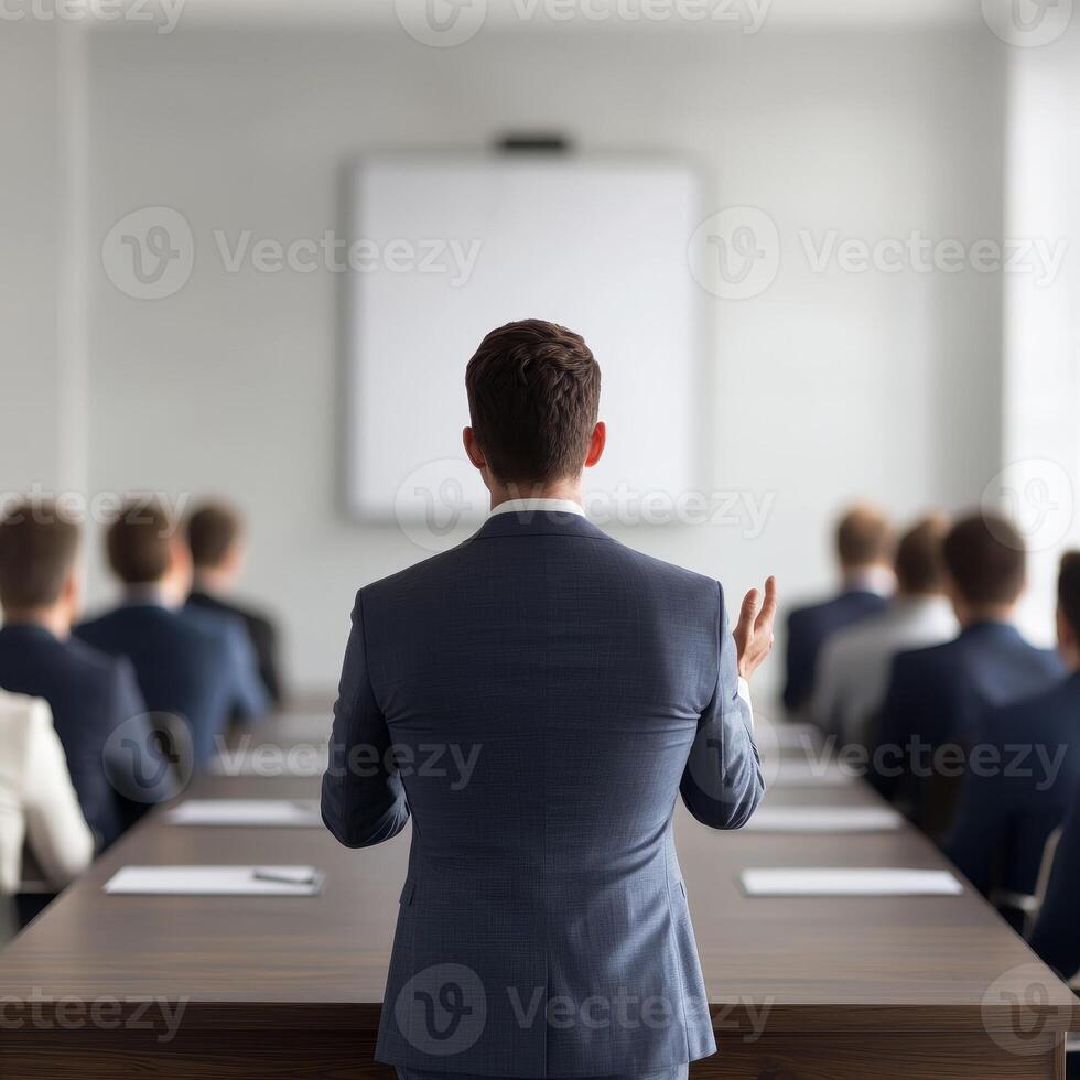 Teamwork and leadership with goal-setting concept. Businessman presenting to an audience in a modern conference room setting. photo