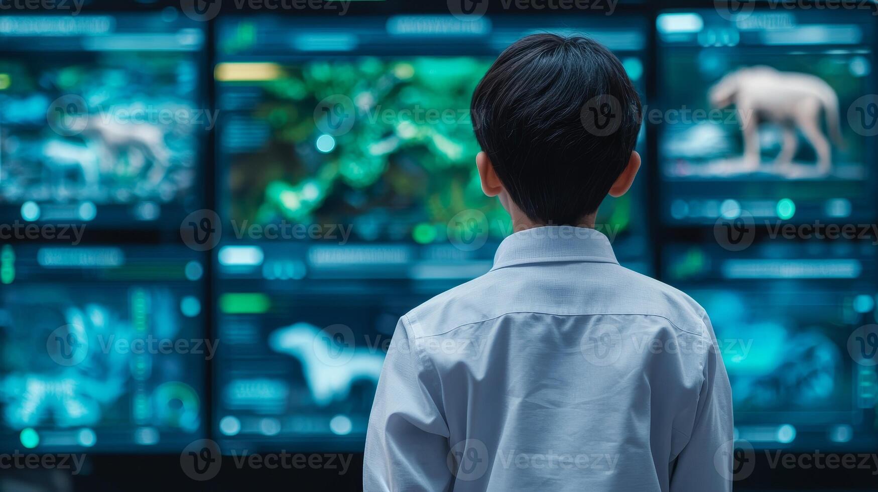 Biodiversity wildlife conservation program concept. A child observes multiple screens displaying animals and nature images. photo