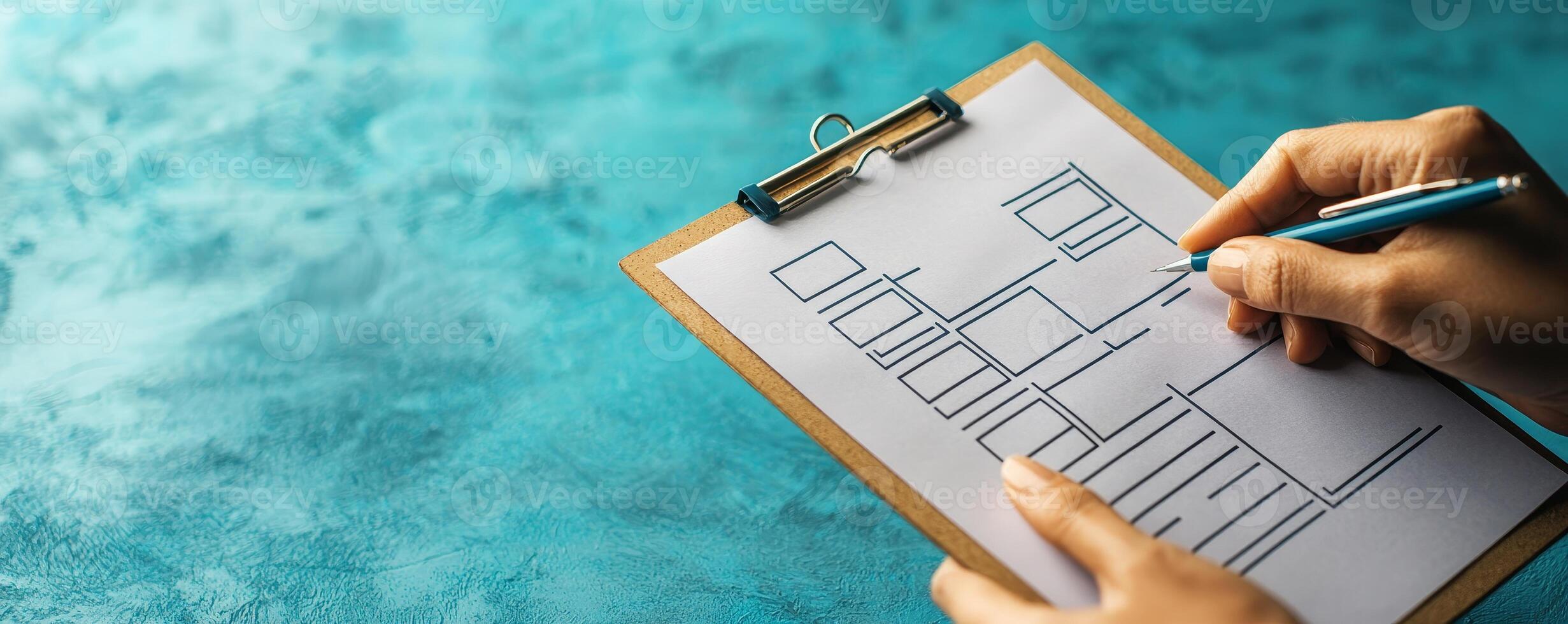 Productivity workflow execution concept. A person sketching a flowchart on a clipboard with a blue textured background. photo