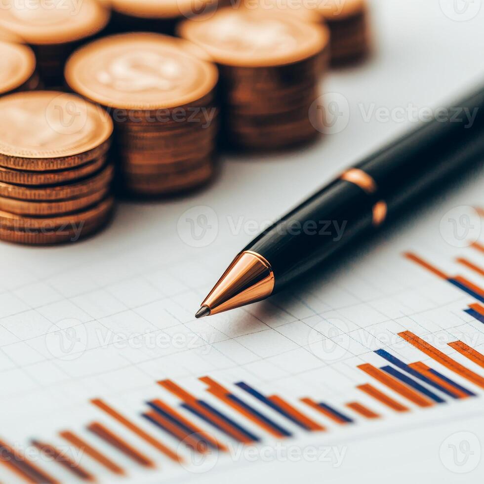 investment business clean background. Financial chart with a pen and coins, representing investment and savings concepts. photo