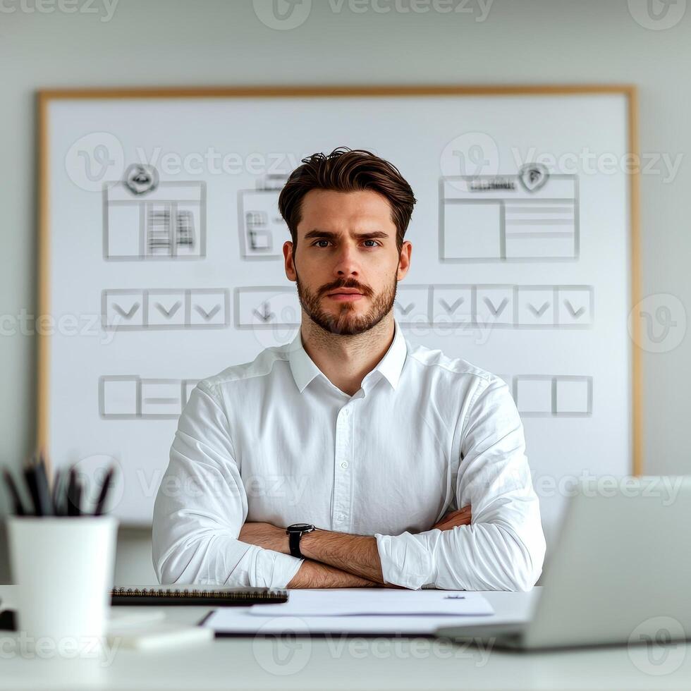 Productivity workflow execution concept. Professional man sitting at a desk in a modern office, focused and confident. photo