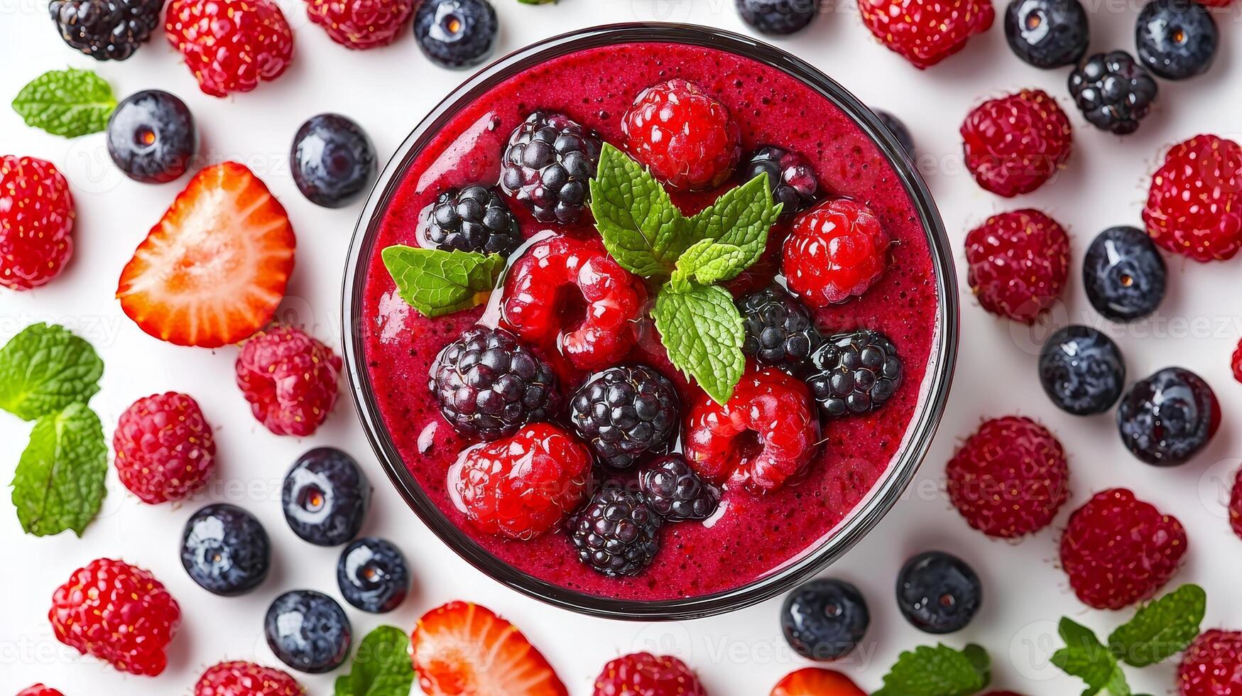 Berry smoothie splash effect concept. Vibrant mixed berries in a bowl surrounded by fresh fruits and mint leaves. photo