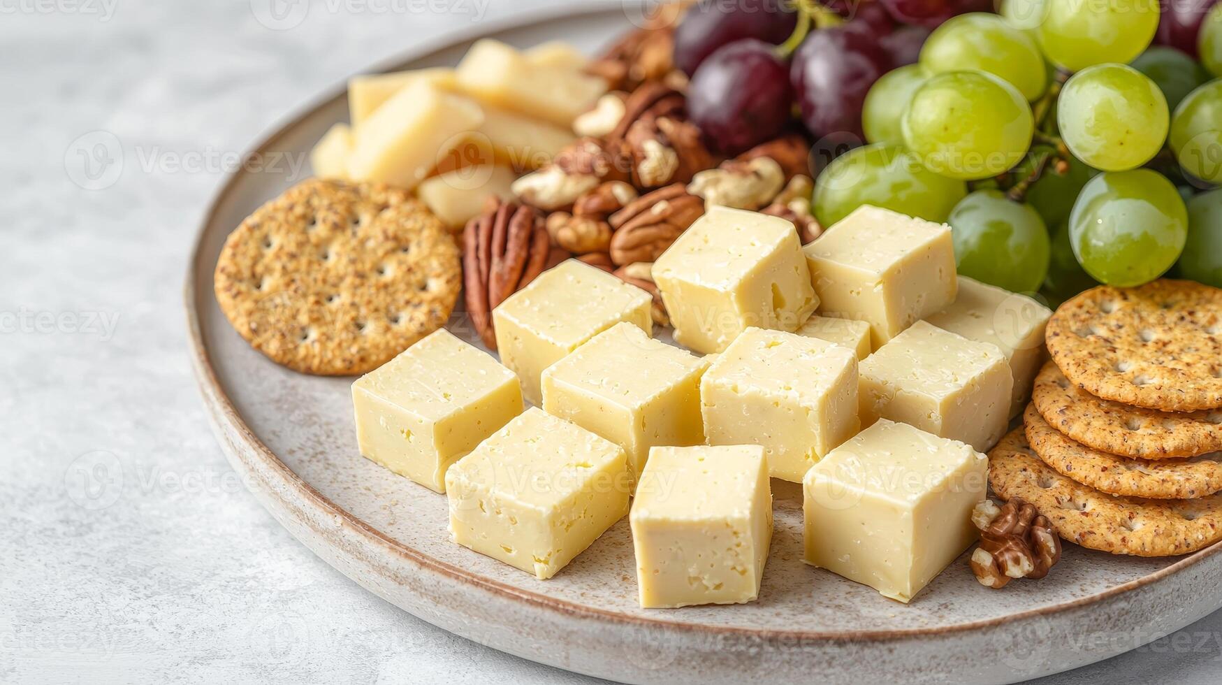 Vegan cheese alternative in dish concept. Cheese platter with grapes, nuts, and crackers on a rustic plate. photo