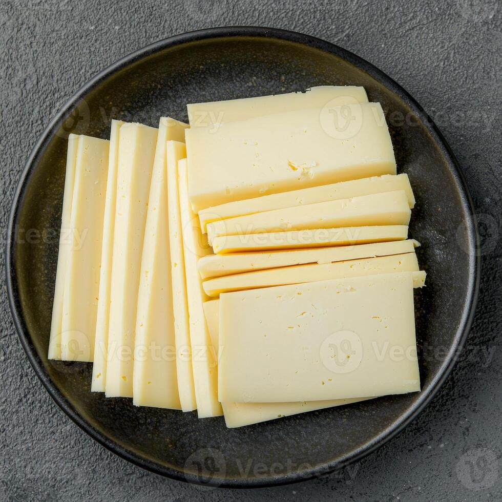 Vegan cheese alternative in dish concept. Sliced cheese on a dark plate against a textured background. photo