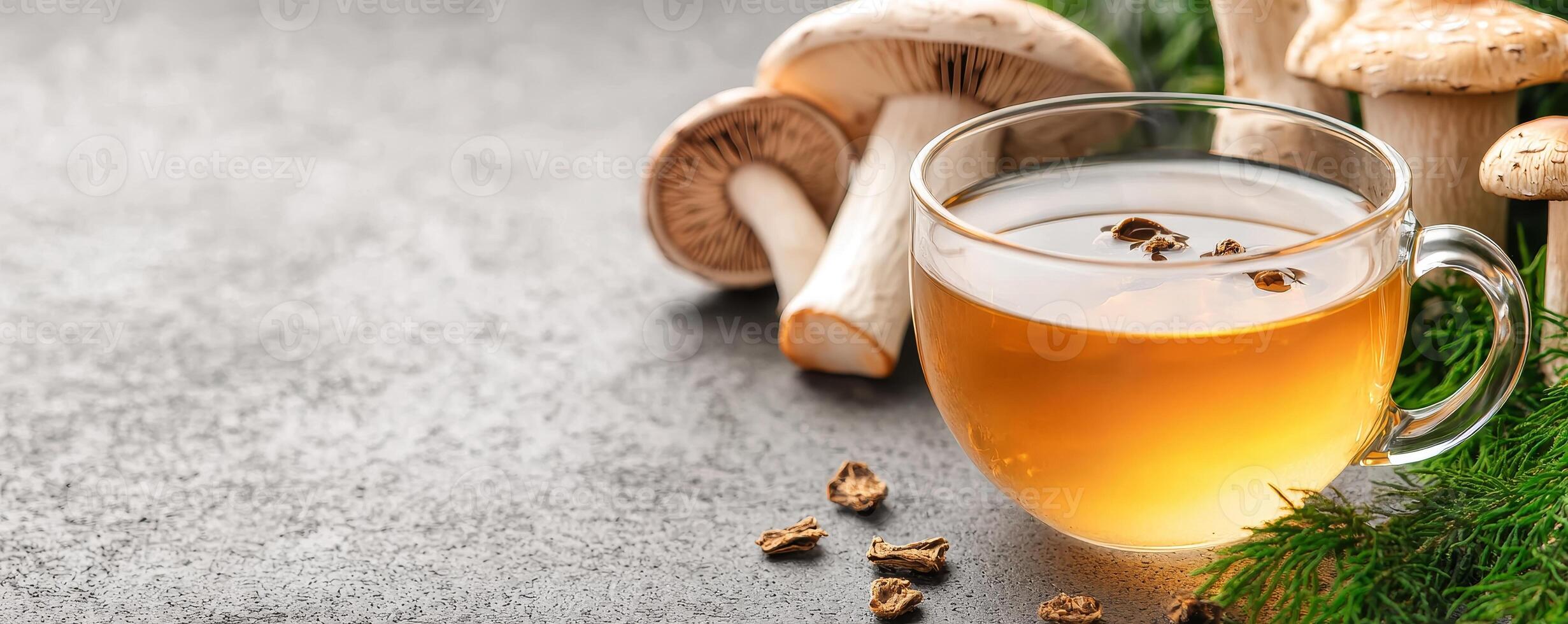 Mushroom tea in glass cup concept. Glass of tea with mushrooms on a textured surface. photo