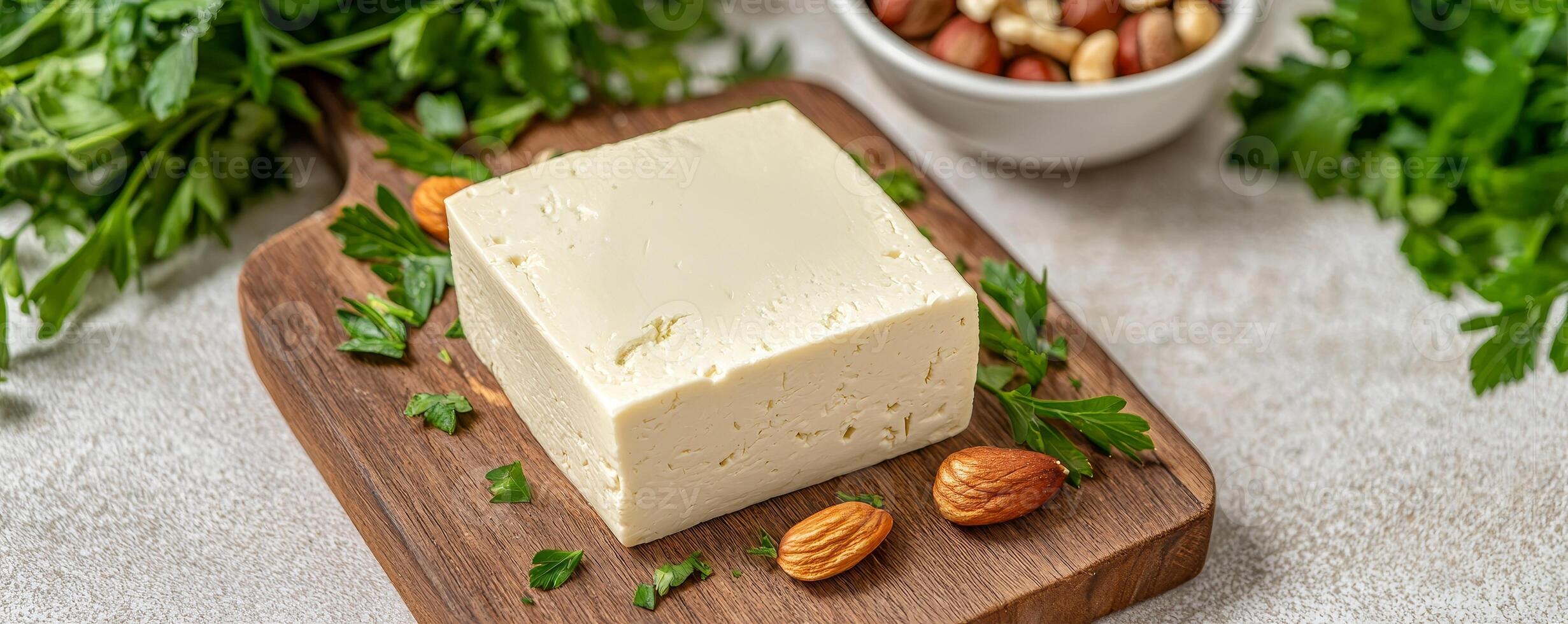 Vegan cheese alternative in dish concept. A block of cheese with herbs on a wooden board and nuts nearby. photo