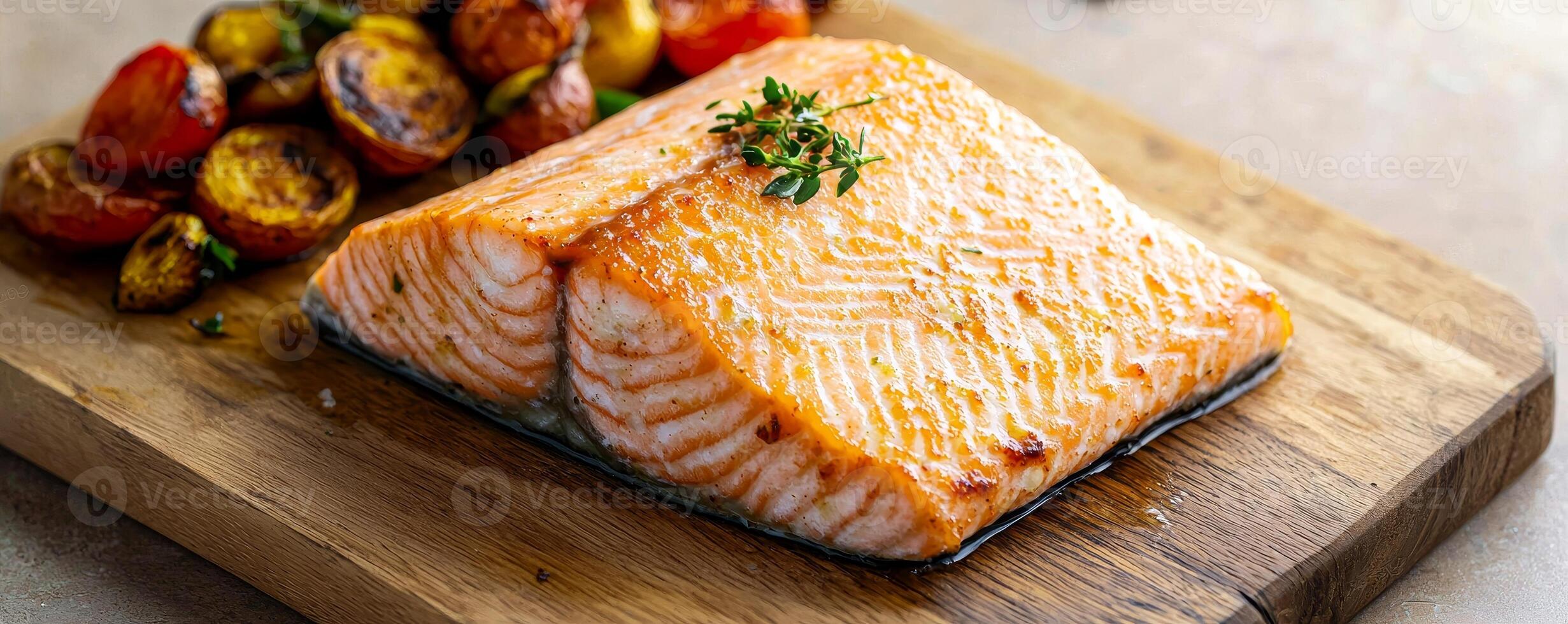 Salmon fillet with crispy skin concept. Fresh salmon fillet on a wooden board with colorful vegetables. photo