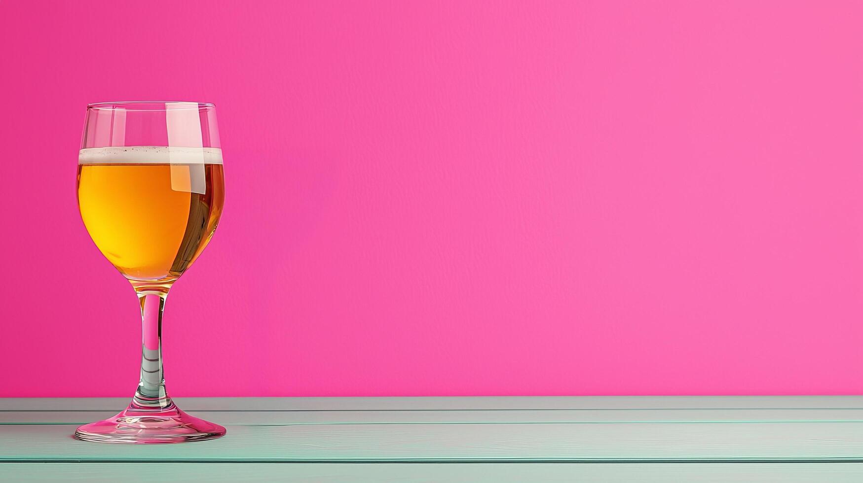 A glass of golden drink rests on a pastel-colored surface against a vibrant pink background. photo