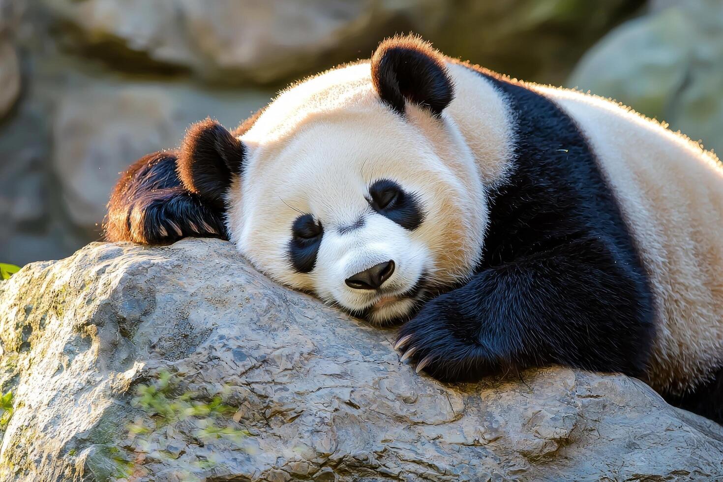 A giant panda rests on a rock, exuding a calm and relaxed demeanor amidst a natural background. photo