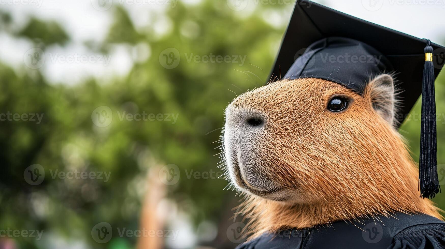 A capybara dressed in a graduation gown and cap poses proudly outdoors, celebrating an academic achievement. photo