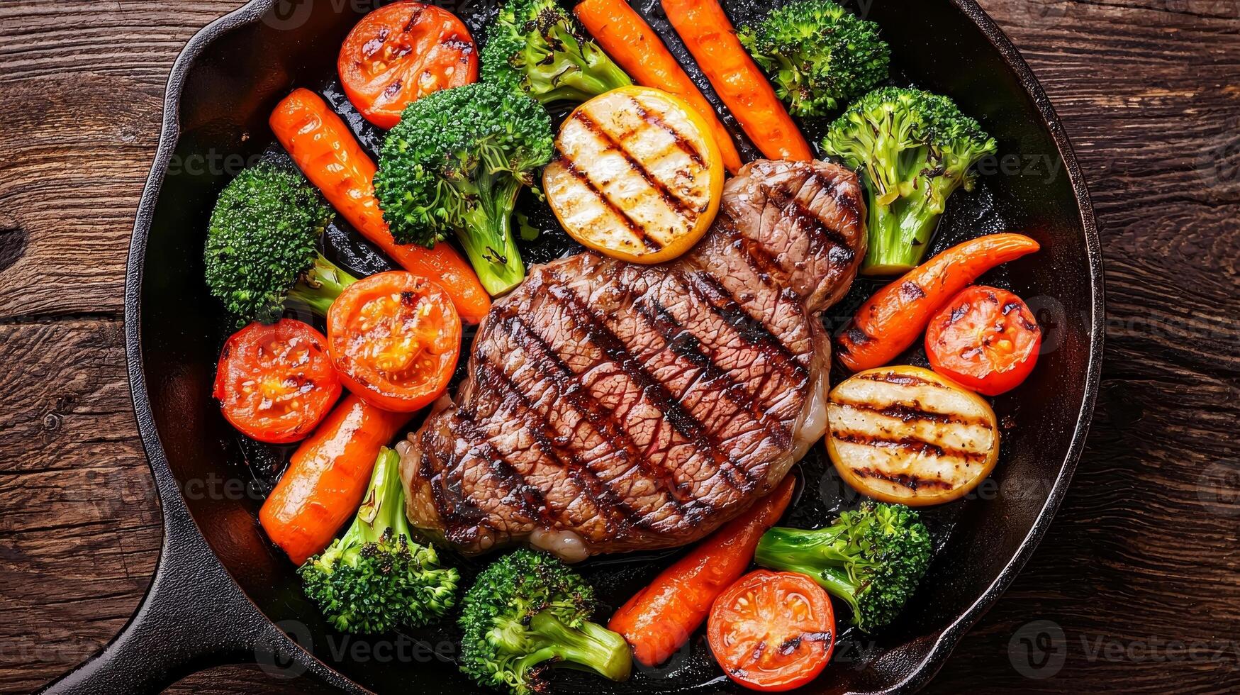 A beautifully cooked steak surrounded by vibrant vegetables, including broccoli, carrots, and tomatoes, served in a cast iron skillet. photo
