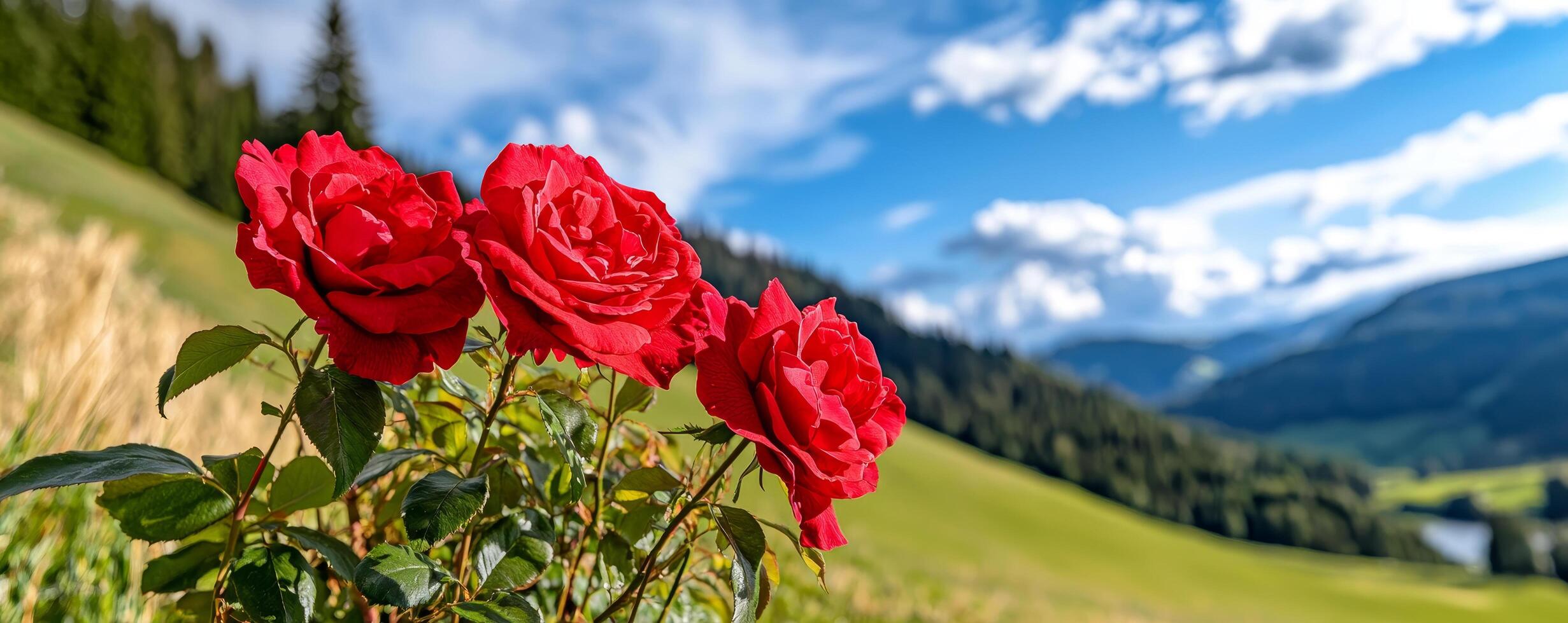 Vibrant red roses bloom against a picturesque landscape of green hills and blue skies, showcasing nature's beauty. photo