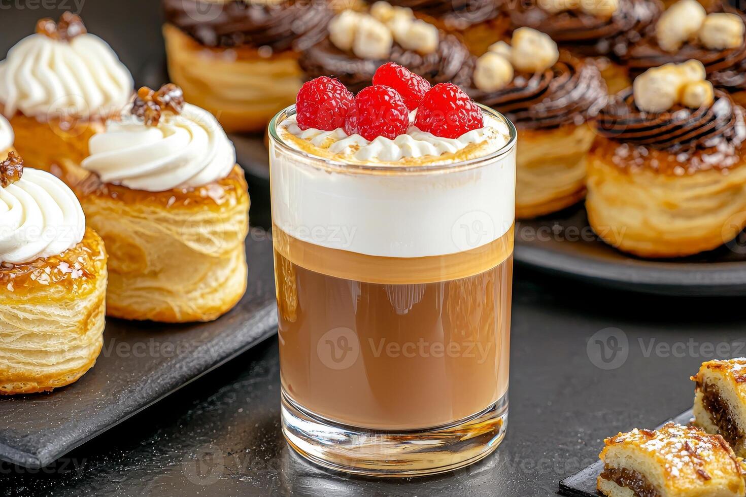 A delicious dessert spread featuring a creamy layered drink topped with raspberries and a selection of pastries. photo