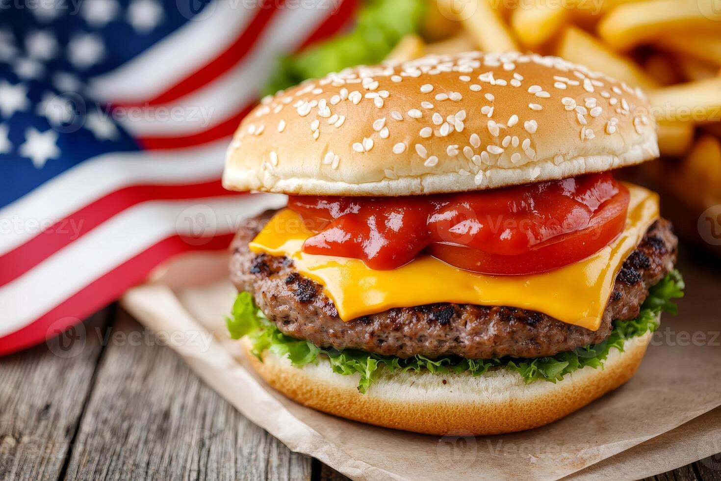 A delicious cheeseburger with lettuce, tomato, and ketchup, served alongside golden fries, set against an American flag backdrop. photo