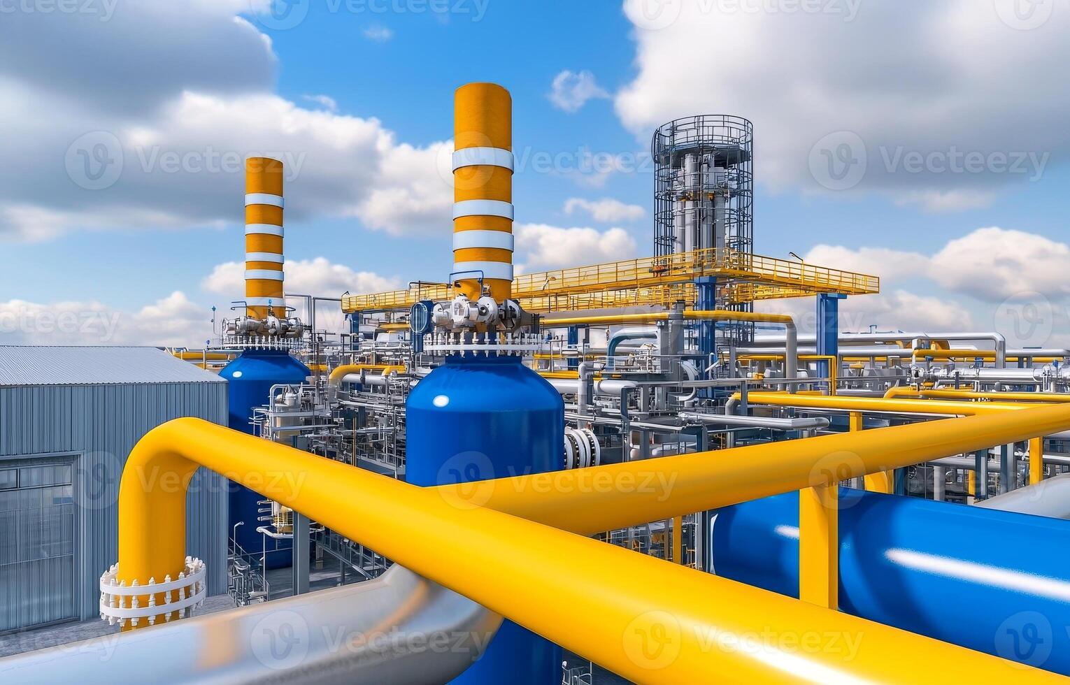 A detailed view of industrial structures featuring bright yellow and blue piping, with smokestacks against a cloudy sky. photo