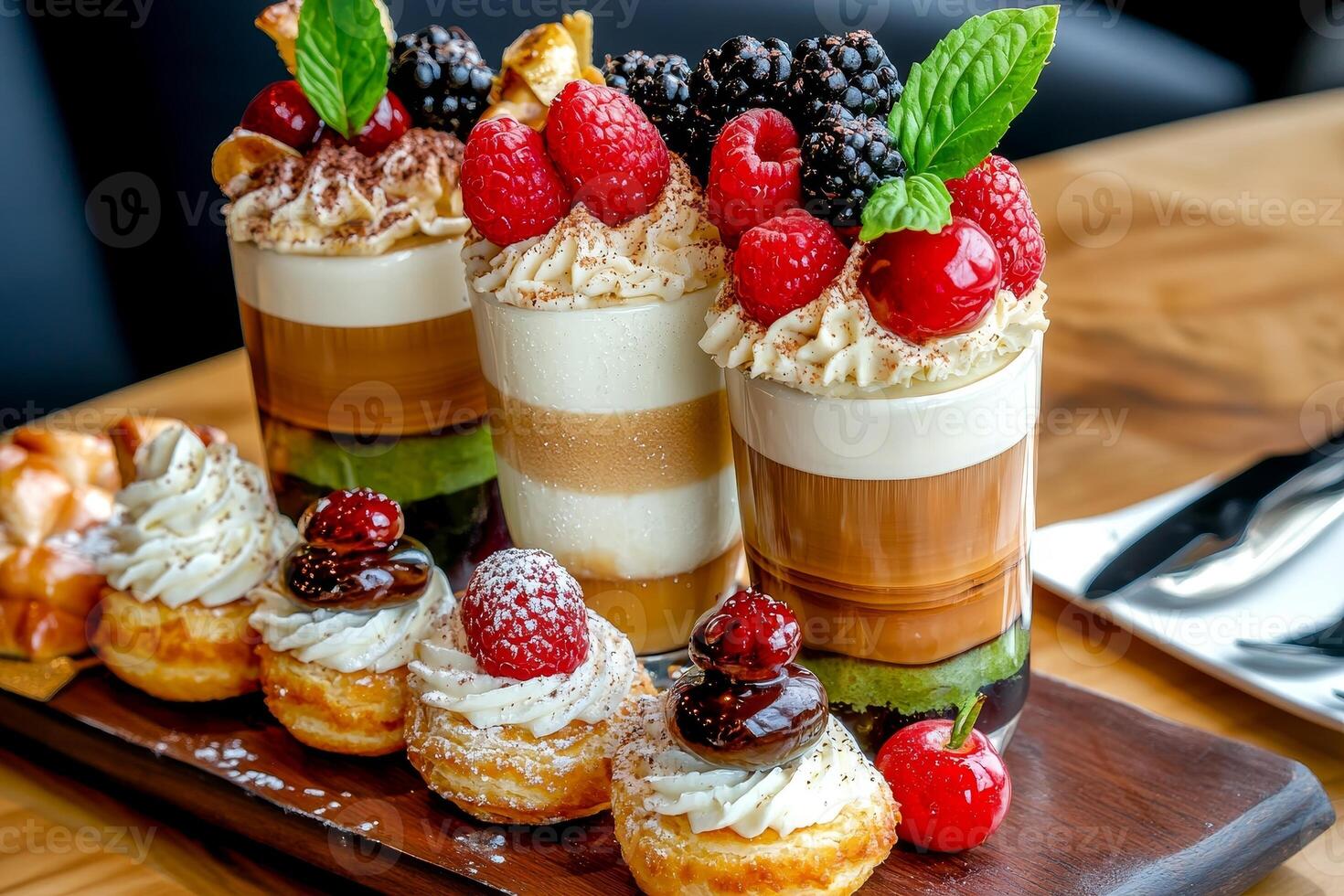A delightful assortment of desserts featuring layered parfaits and sweet pastries topped with fresh berries and whipped cream. photo
