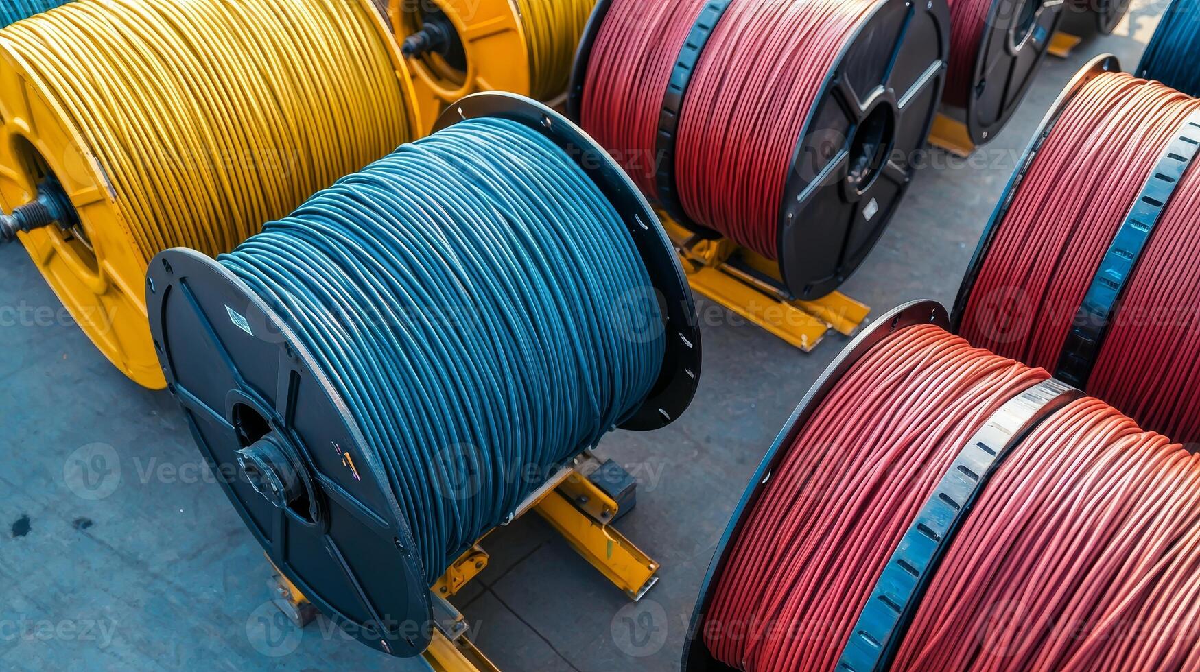 Colorful spools of electrical wire lined up neatly, showcasing a variety of vibrant hues and organized storage, ideal for industrial or construction use. photo