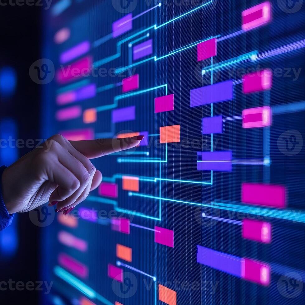 A hand interacts with a vibrant digital interface displaying interconnected nodes and pathways, symbolizing data visualization or technology. photo