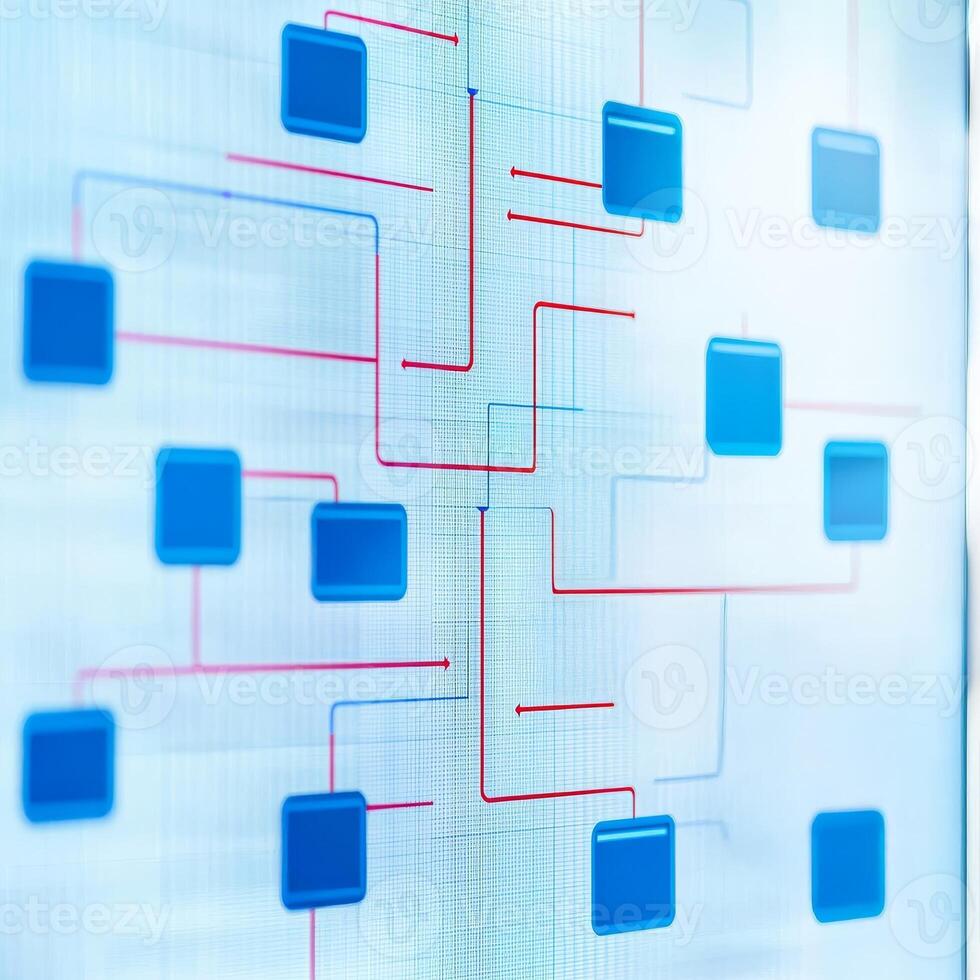 Management problem solving supervision concept. A network diagram featuring interconnected blue squares and red lines, representing data flow and system architecture. photo