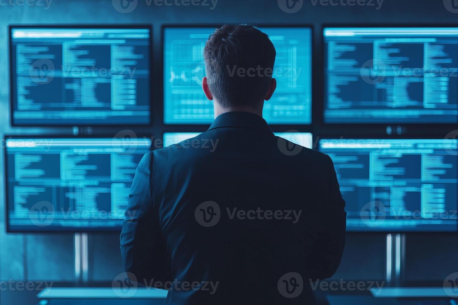 Management problem solving supervision concept. A professional analyzing data from multiple screens in a dimly lit environment, showcasing modern technology and cybersecurity. photo