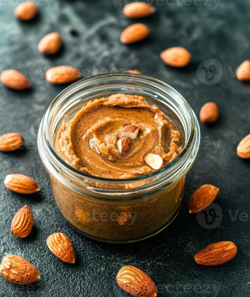 Plant-based diets Food concept. A jar of creamy almond butter sits on a dark surface, surrounded by scattered almonds, showcasing its rich texture and natural ingredients. photo