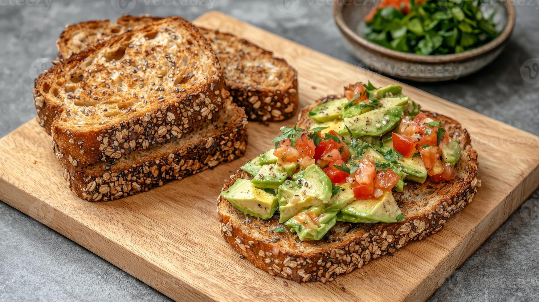 Plant-based diets Food concept. Sandwich featuring whole grain bread topped with fresh avocado, tomatoes, and herbs, served on a wooden cutting board. photo