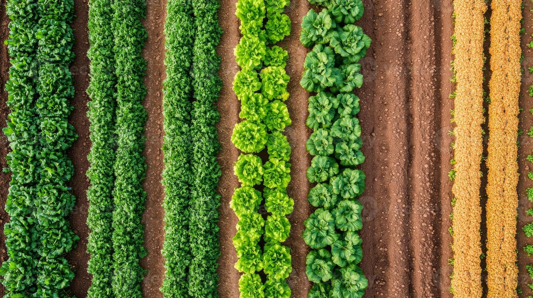 Sustainable food systems concept. Aerial view of neatly arranged rows of vibrant green and yellow crops in a field, showcasing the beauty of agriculture. photo