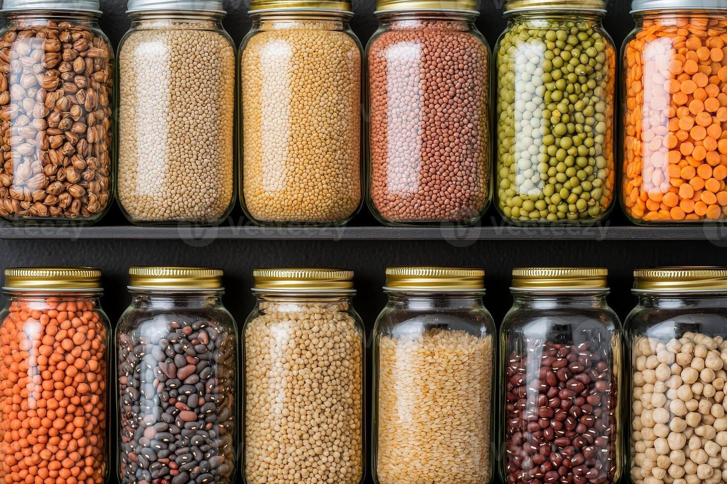 Sustainable food systems concept. Array of jars filled with various beans and lentils, neatly arranged on a shelf against a dark background. photo