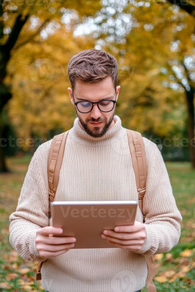 Personalized learning for education concept. A man with glasses reads a tablet while standing in a park adorned with autumn foliage, wearing a cozy sweater and a backpack. photo