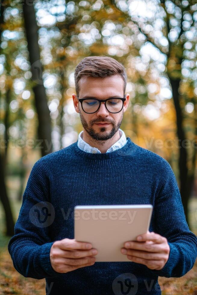 Personalized learning for education concept. A man in a cozy sweater reading a tablet outdoors amidst vibrant autumn trees. photo