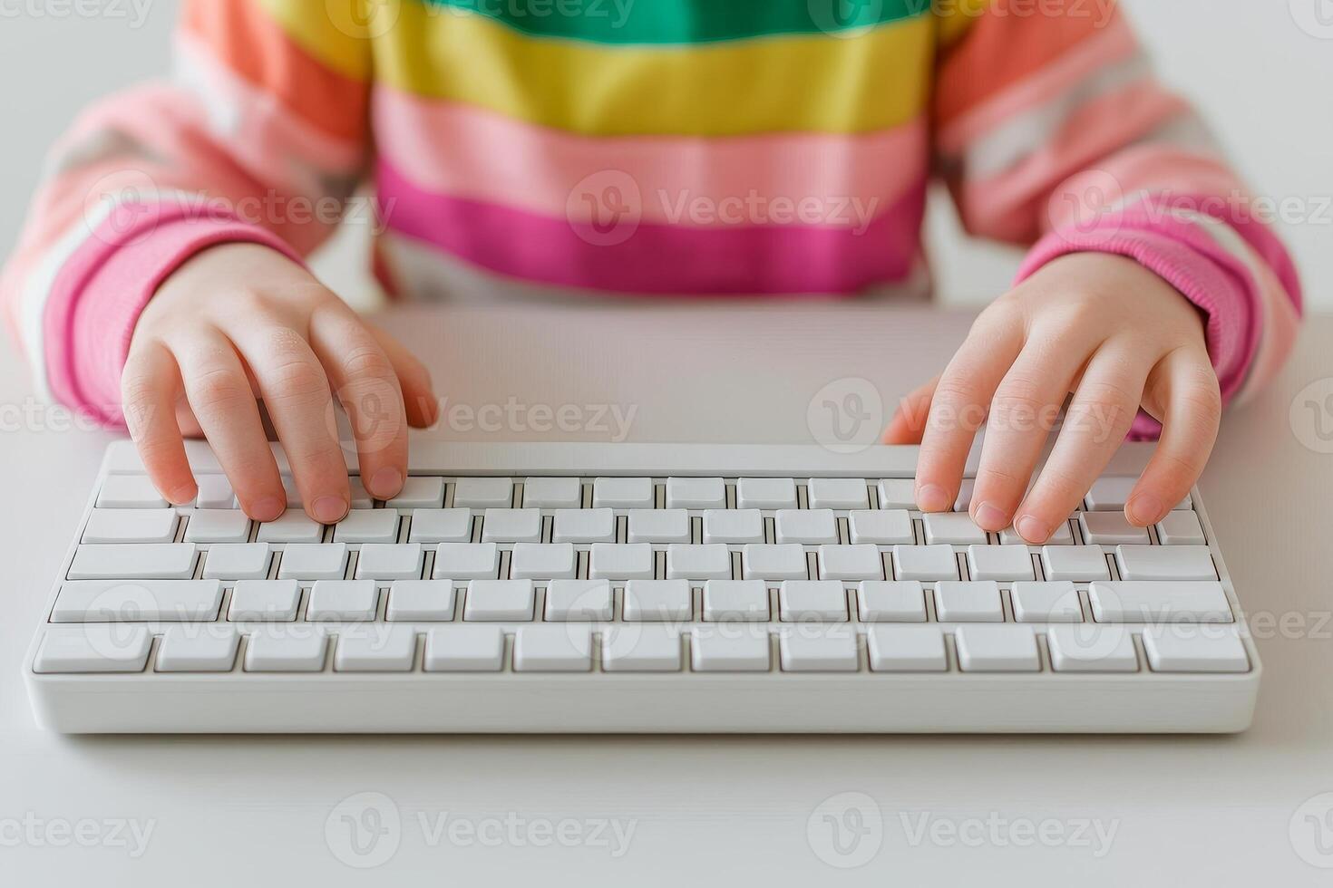 Special needs for Education concept. A child's hands typing on a white keyboard, showcasing a colorful striped shirt, emphasizing creativity and technology use. photo