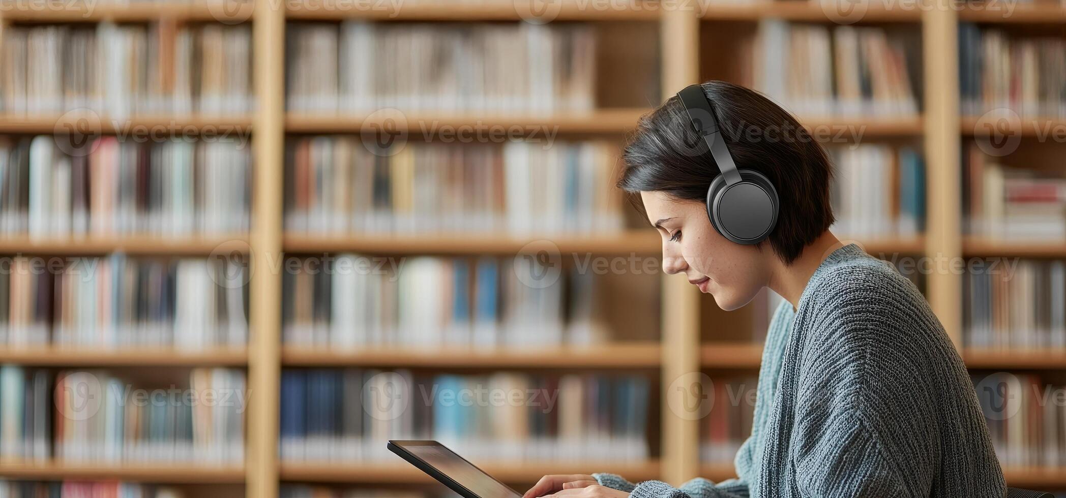 Personalized learning for education concept. A woman in headphones studies intently on a tablet, surrounded by a bookshelf filled with CDs, suggesting a focus on music or research. photo