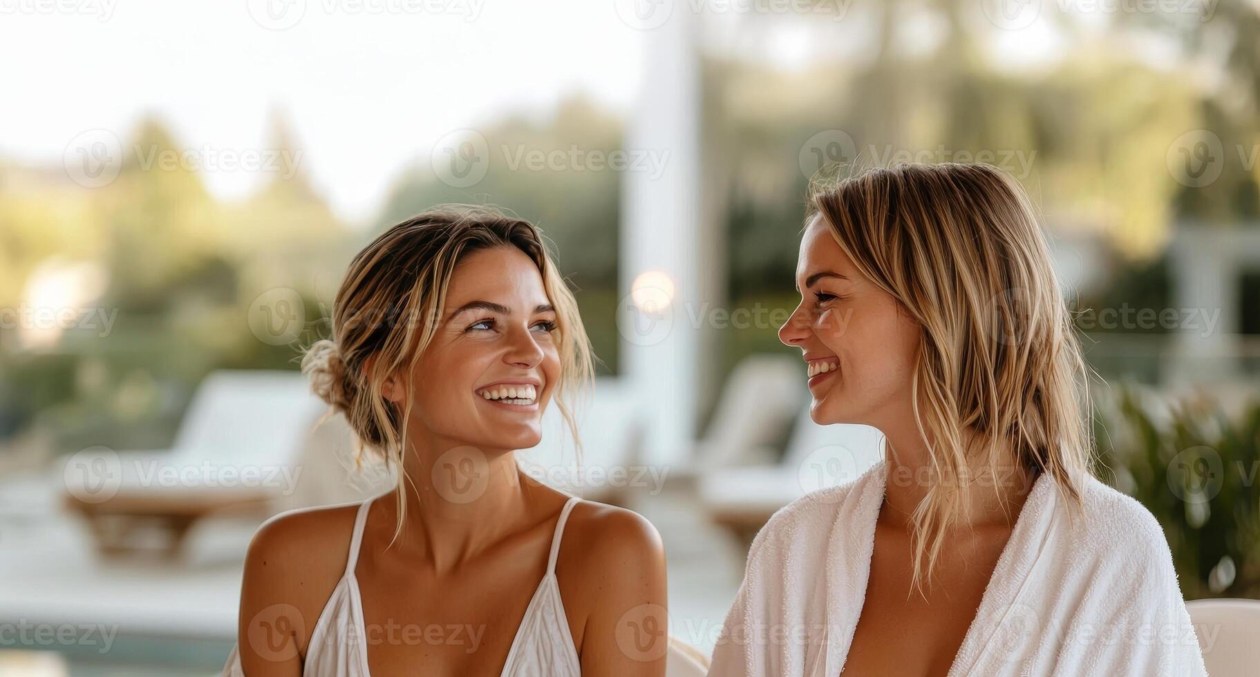 Girlfriend getaways for travel concept. Two women smiling and enjoying a moment together in a serene, sunlit setting, surrounded by greenery, suggesting friendship and relaxation. photo