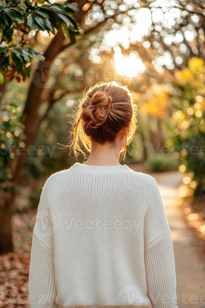 Self-care routines for Wellness concept. A woman in a white sweater stands with her back to the camera, surrounded by trees and sunlight, enjoying a tranquil outdoor moment. photo