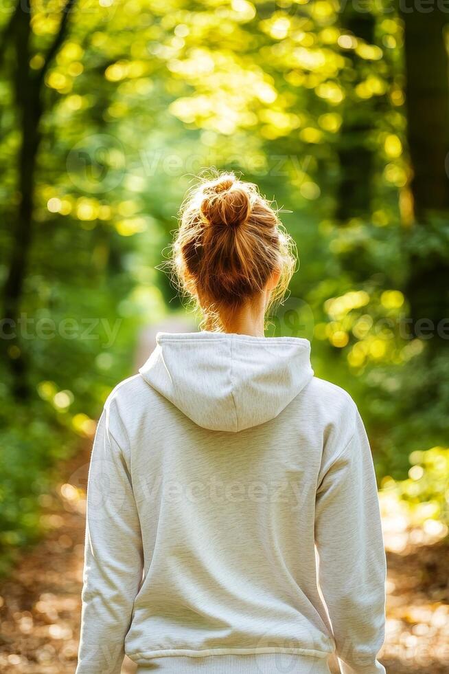 Self-care routines for Wellness concept. A person walks through a sunlit forest path, surrounded by lush greenery, creating a serene and peaceful atmosphere. photo