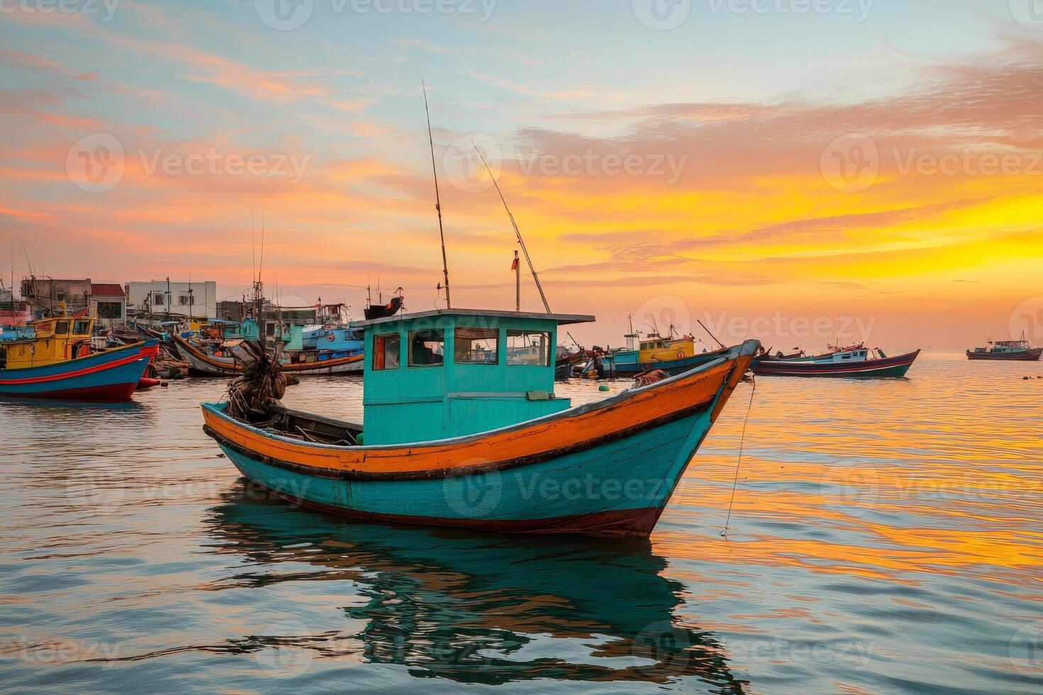 Adventure and Eco-tourism for travel concept. Fishing boat rests on calm waters as the sun sets, casting beautiful hues across the sky and reflecting on the sea. photo