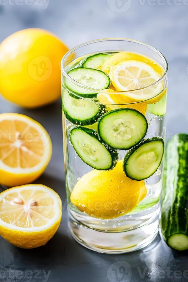 Self-care and healthy aging for wellness. A refreshing glass of infused water with cucumber and lemon slices, surrounded by whole lemons and cucumber, promoting hydration and healthy living. photo