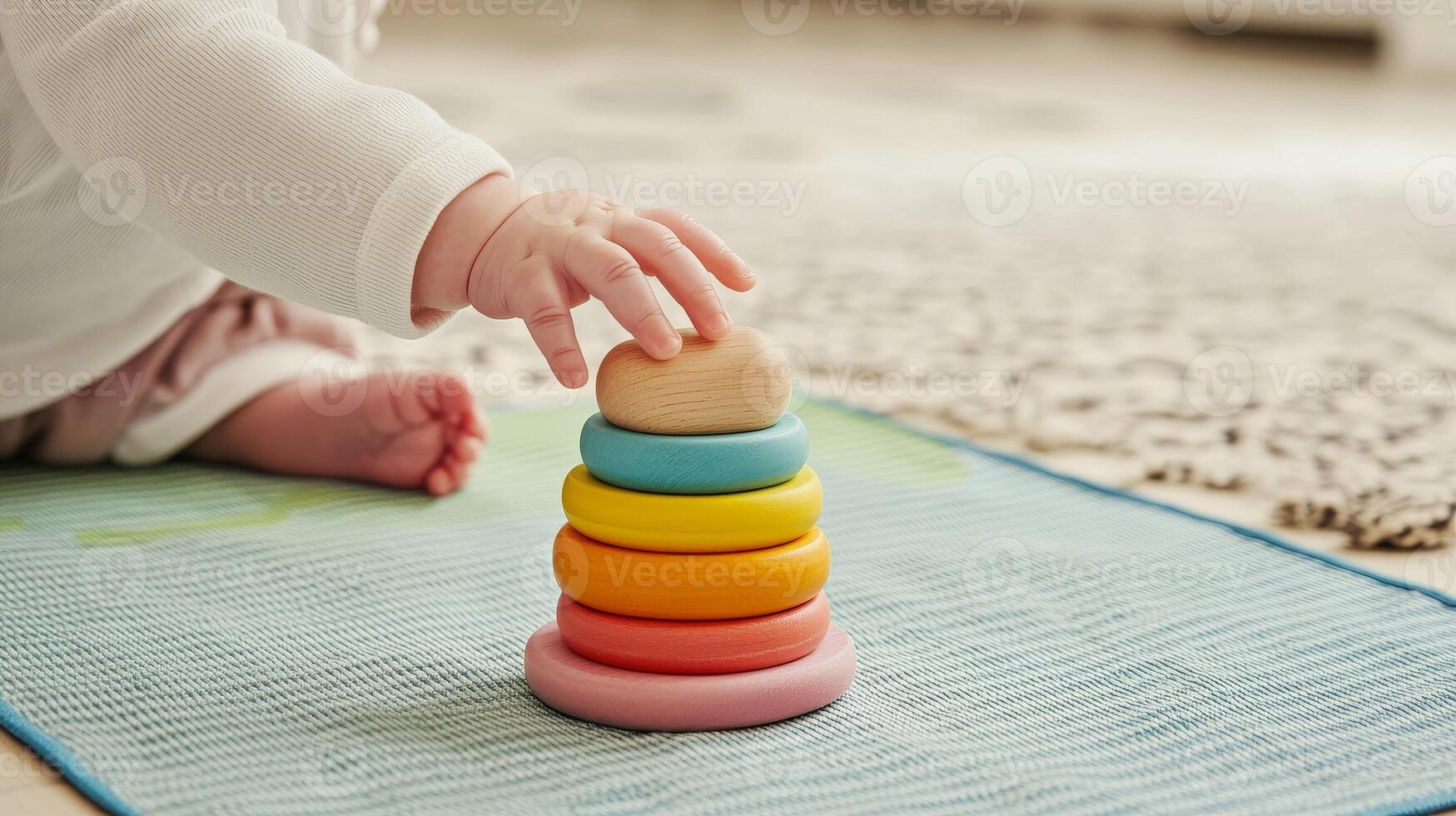 Parenting resources for family concept. Baby reaches for a wooden ring to stack on colorful toys, promoting early learning and motor skills while playing on a soft mat. photo