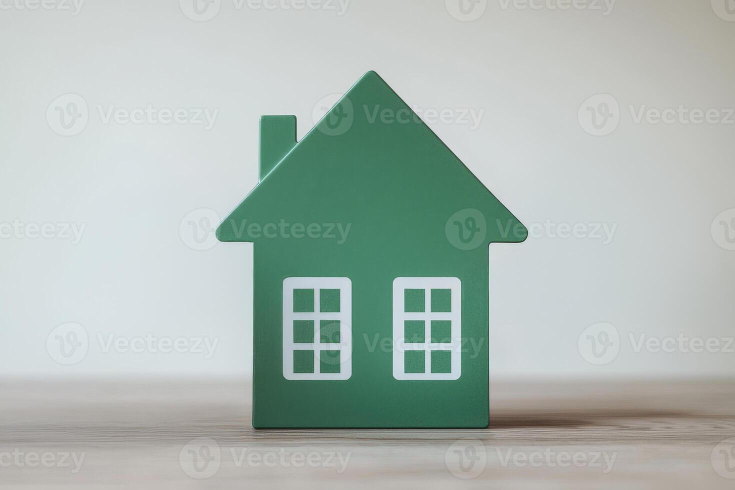 Sustainable energy efficiency concept. Green house model with windows, set against a light background, symbolizing home, comfort, and security. photo