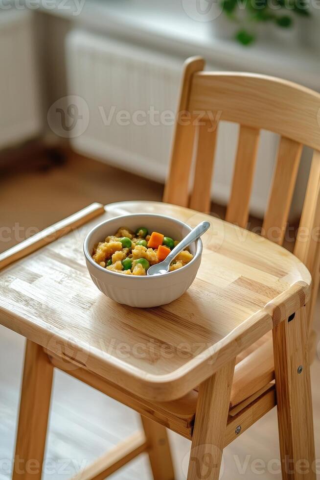 Parenting resources for family concept. Wooden high chair holds a bowl of colorful mixed vegetables, suggesting a cozy dining setting for a child. photo